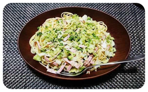 粉砕ブロッコリー・パスタ。味が染み込みやすく食べやすいのでお気に入りです。