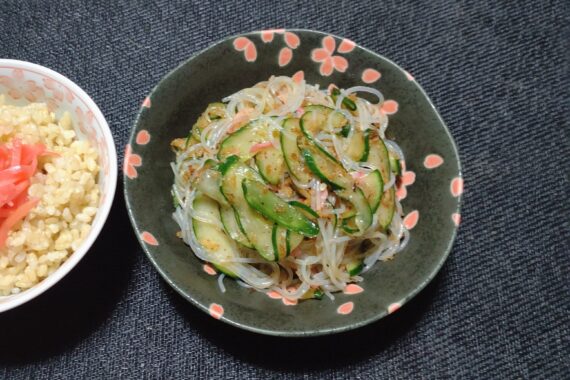 キュウリじゃなくて、ただの瓜(うり)でも良さそうですね。春雨サラダの主役は春雨だから、具材は色々試してみないと🫣